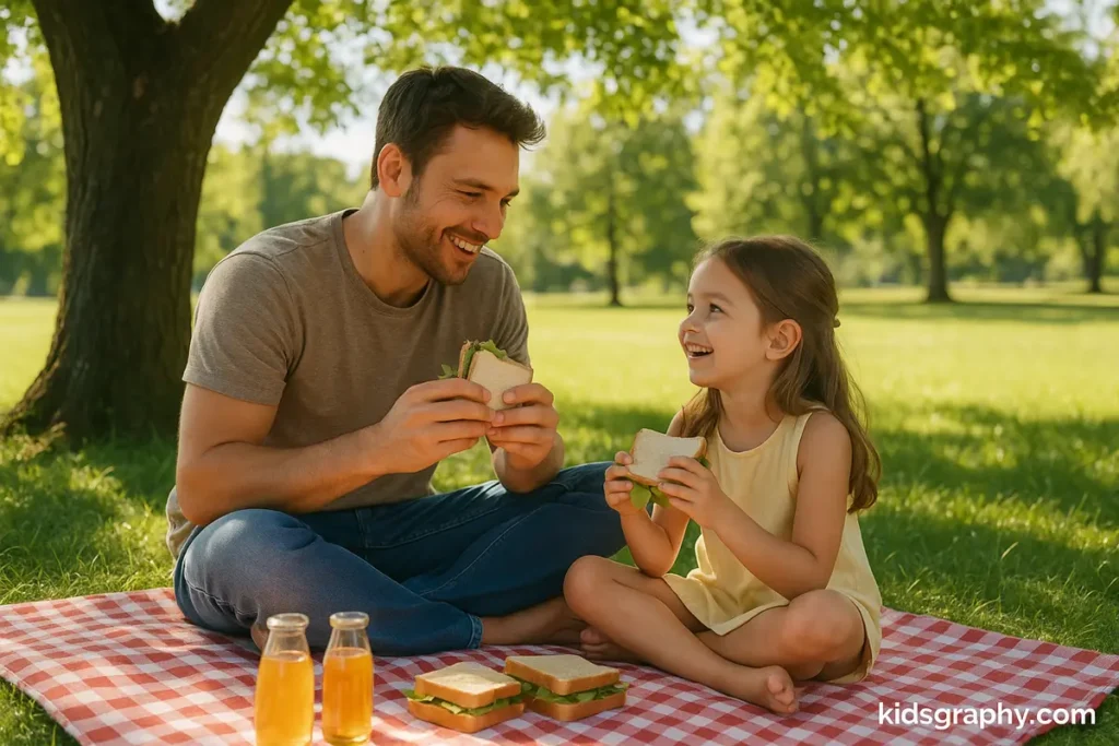 Father and daughter sharing a picnic in the park