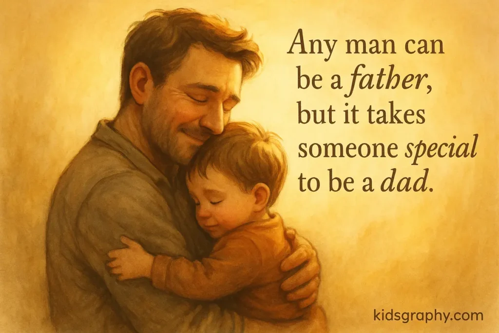Father hugging child with morning light and inspirational quote overlay