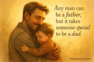 Father hugging child with morning light and inspirational quote overlay