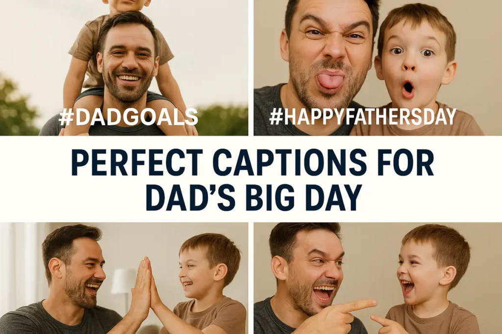 Split image of fun father-child selfies and playful captions overlay.