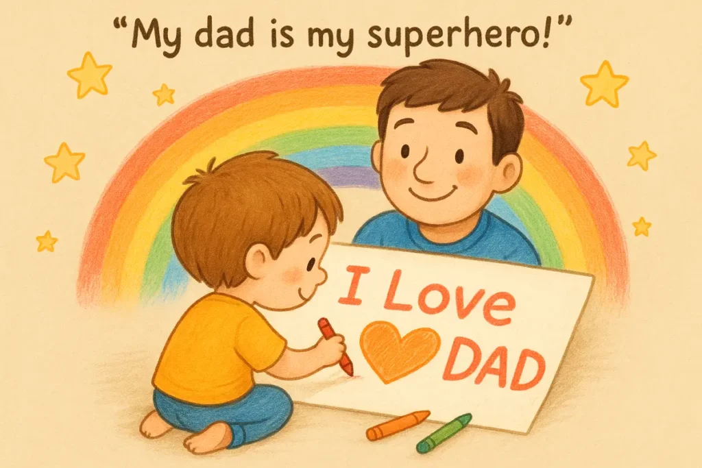 Child drawing “I love Dad” with crayons as dad peeks in smiling.