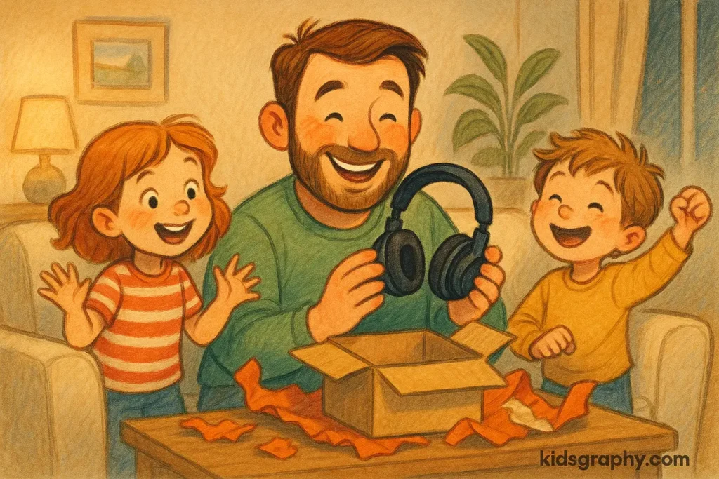 Dad opening tech gift with kids on Father’s Day