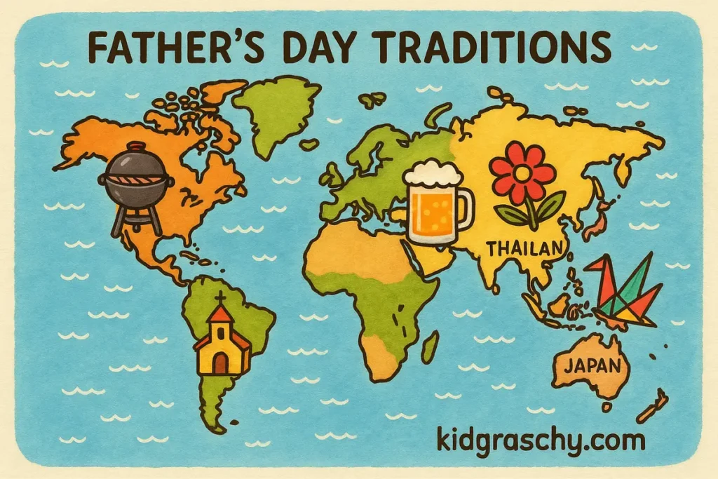 Illustrated world map with global Father’s Day traditions