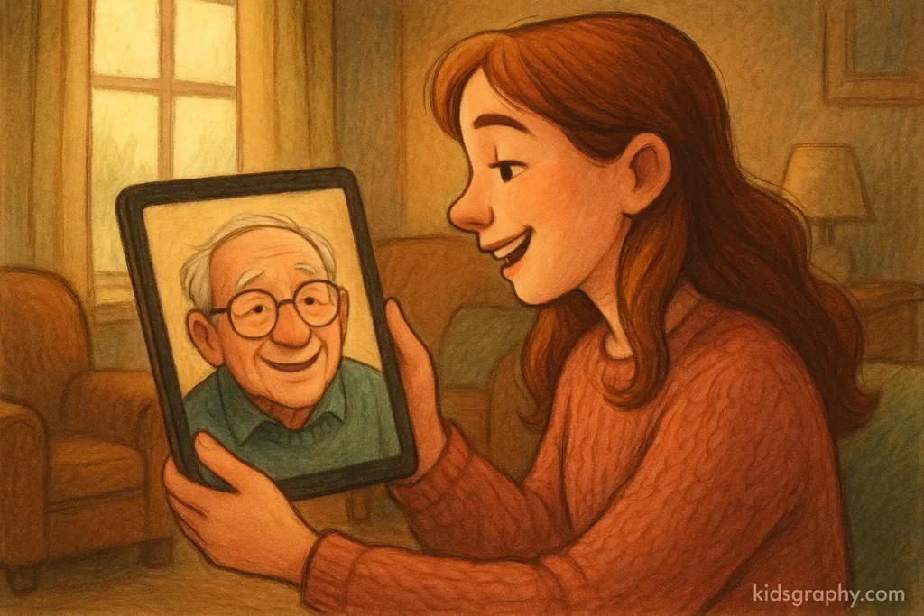 Daughter smiling during Father’s Day video call with dad