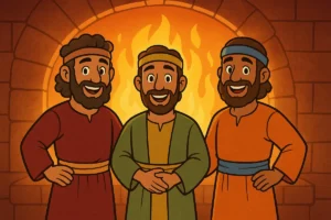Three men stand safe near the fiery furnace