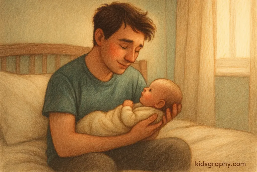 New dad holding newborn with teary eyes on Father’s Day