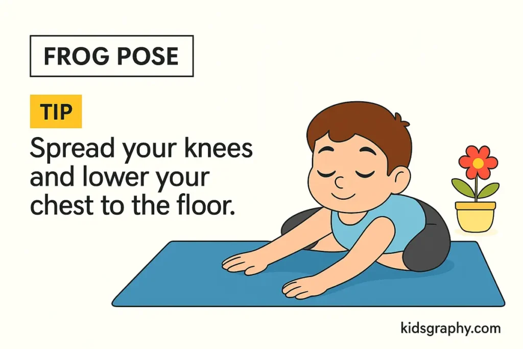 Kid practicing Frog Pose with arms forward and knees apart on a mat.