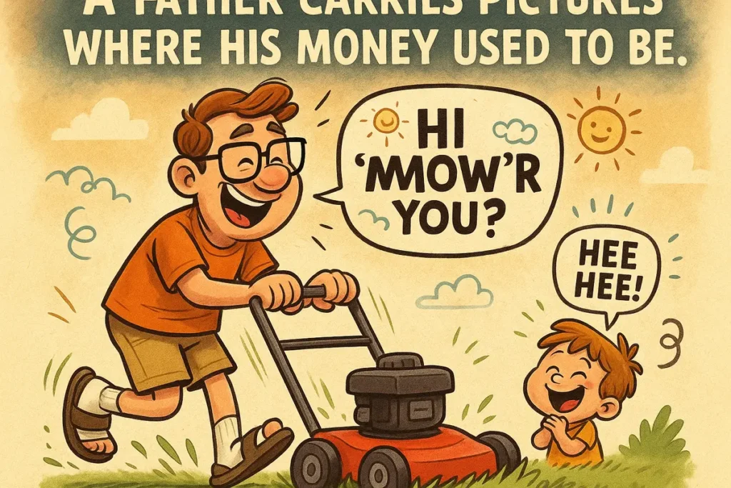 Cartoon dad mowing lawn in socks and sandals with a dad joke speech bubble.