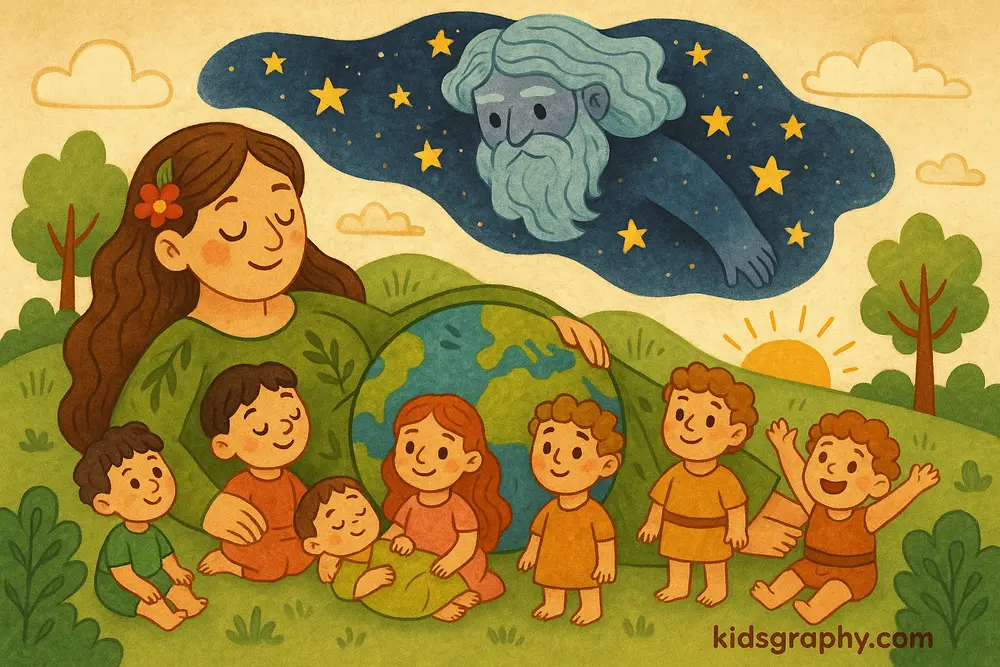 Gaia and Uranus with their children in Greek myth.