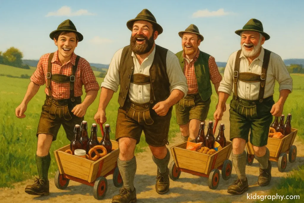 German fathers pulling beer carts on hiking trip for Vatertag