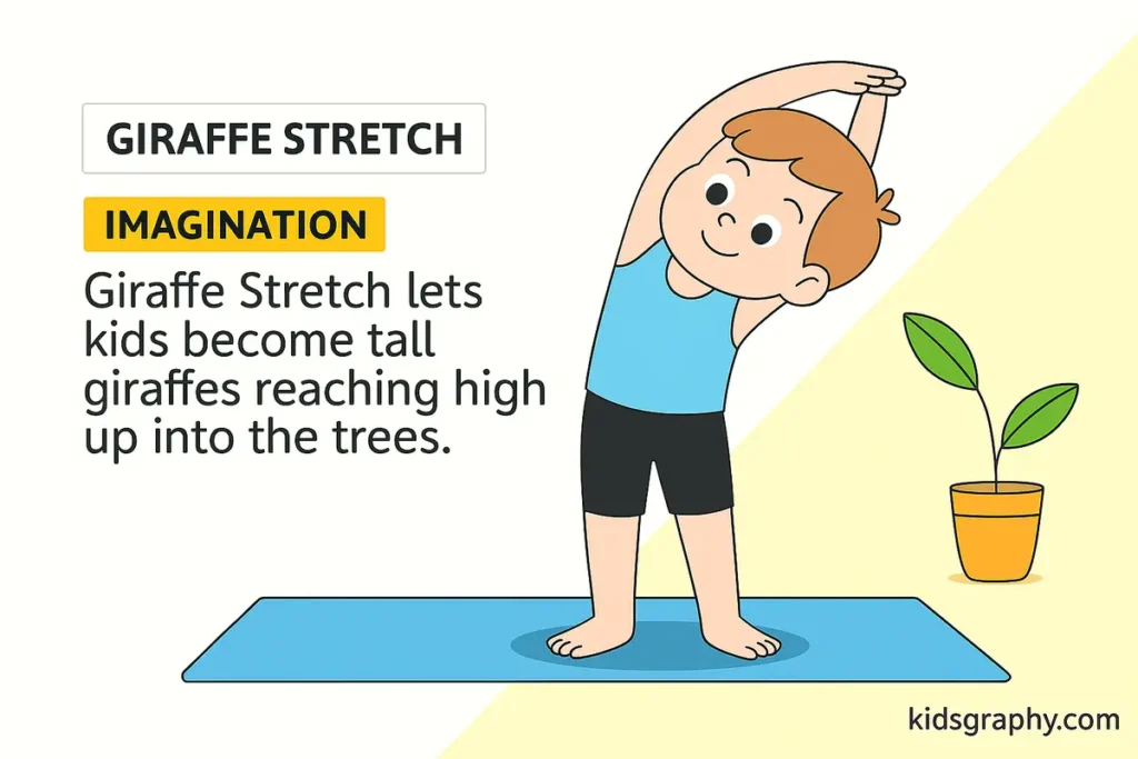 Cartoon child doing Giraffe Stretch yoga pose by bending sideways with arms overhead