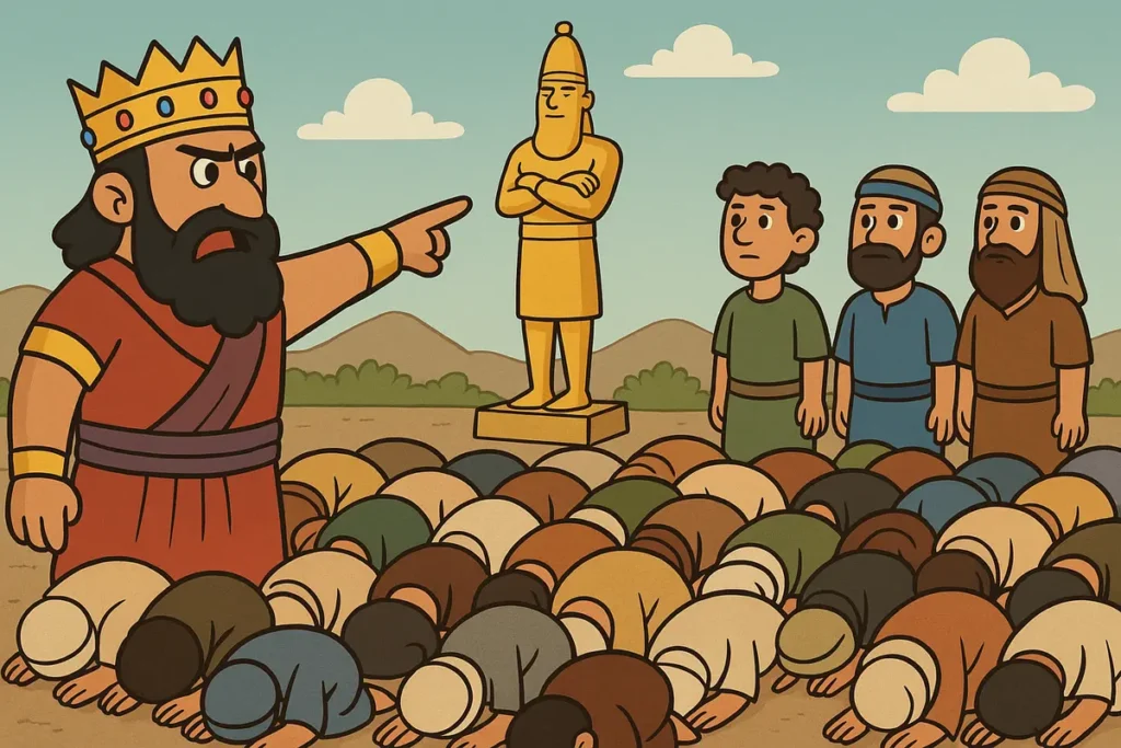 Three men refuse to bow to the golden statue