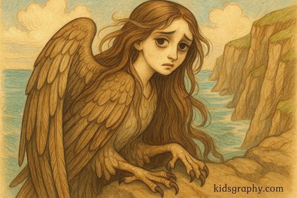 Close-up of original siren with bird features in Greek mythology.