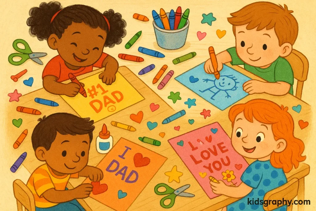 Kids making colorful handmade Father’s Day cards