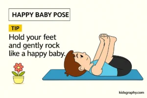 Kid lying on their back holding their feet in Happy Baby Pose.