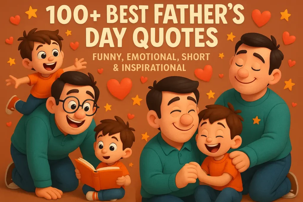 Pixar-style collage of father and child sharing moments with quote title overlay.