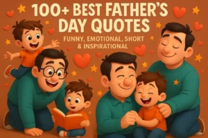 Pixar-style collage of father and child sharing moments with quote title overlay.