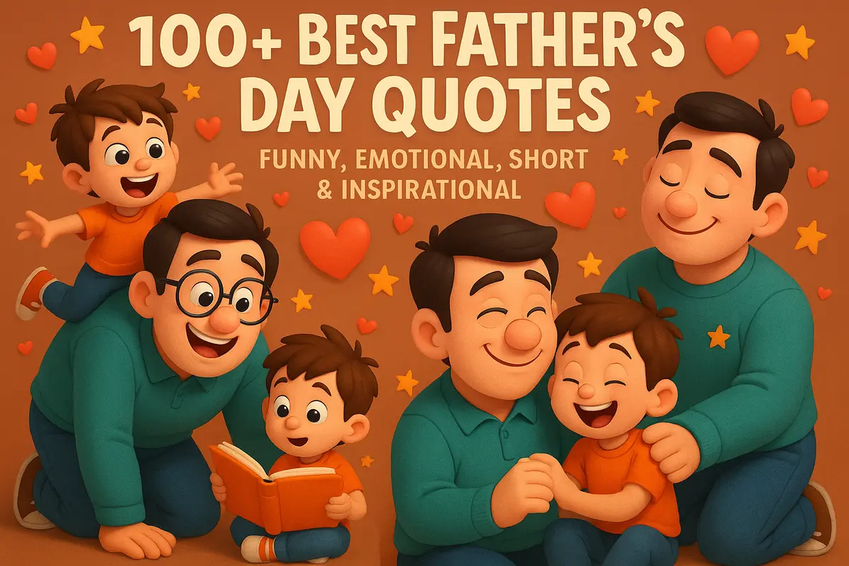 Pixar-style collage of father and child sharing moments with quote title overlay.