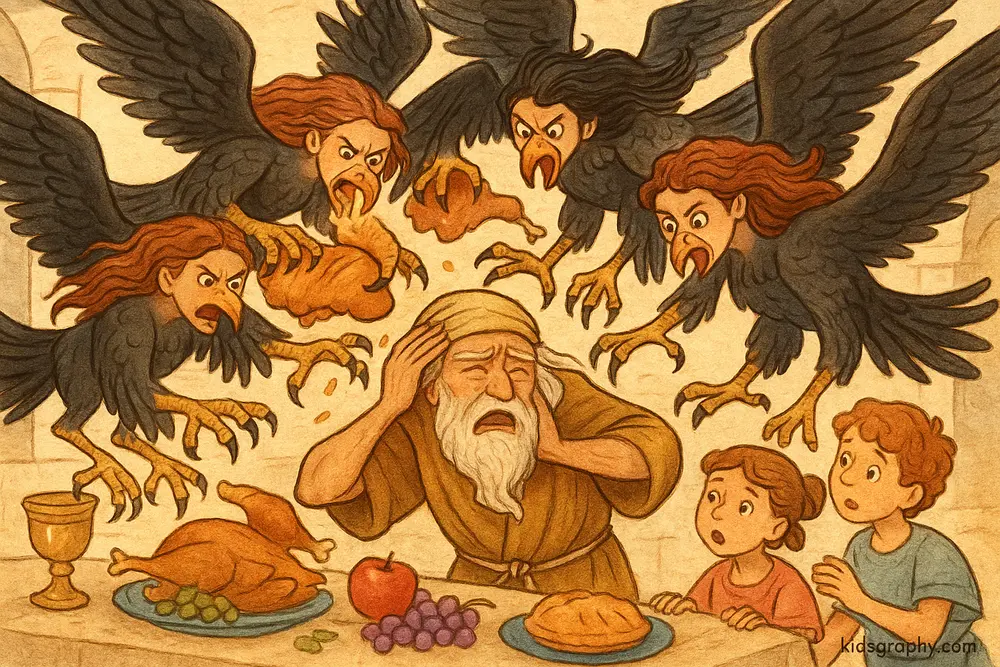 Harpies stealing food from Phineus in Greek mythology.