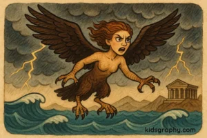 Harpy flying through storm clouds in Greek mythology.