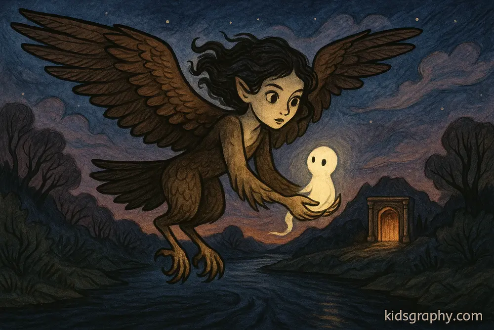 Harpy carrying a soul toward Hades in Greek mythology.