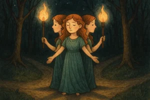 Hecate with three forms holding torches at a crossroads.