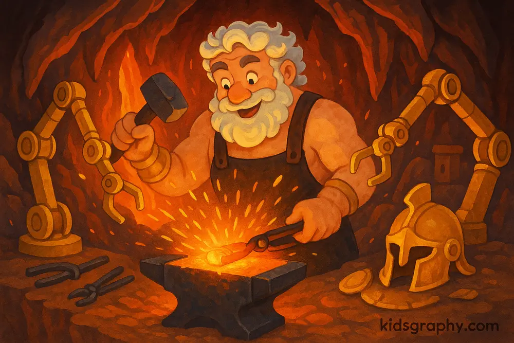 Hephaestus, Greek god of fire, forging armor in his magical volcano workshop