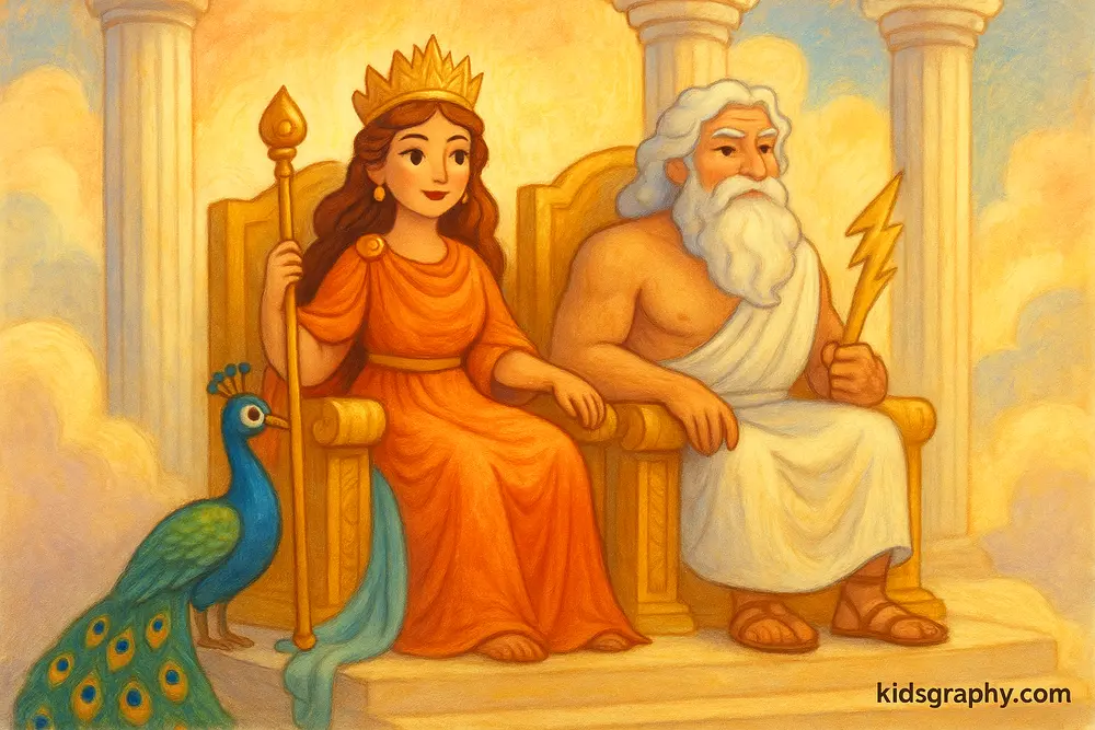 Hera on her throne with a peacock, queen of Greek mythology.