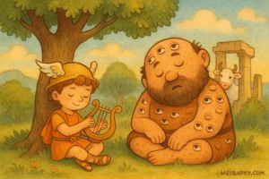 Hermes lulling Argus to sleep before slaying him in Greek myth.