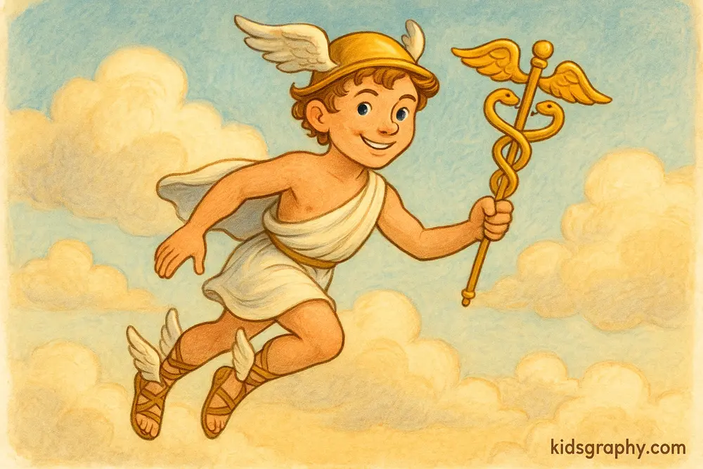 Hermes flying with winged sandals and caduceus in Greek mythology.
