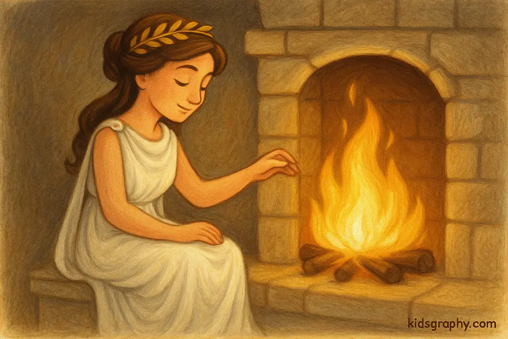 Hestia tending the sacred hearth flame in Greek mythology.