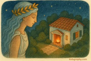 Hestia guarding a Greek home from above with sacred warmth.