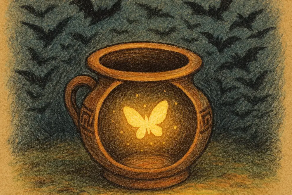 A glowing hope light inside Pandora’s open jar in mythology.