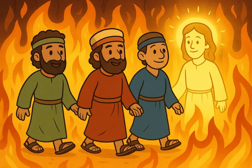 God’s angel walks with three friends in the fire