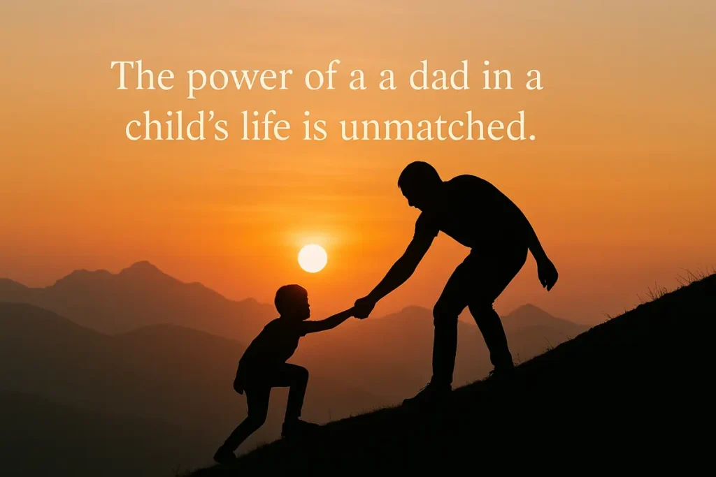 Father and child silhouette climbing a hill at sunrise with a motivational quote overlay.