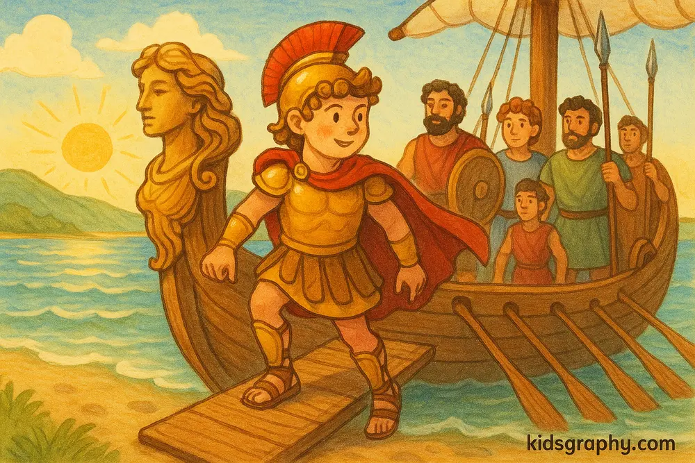 Jason steps onto the Argo ship in Greek mythology.