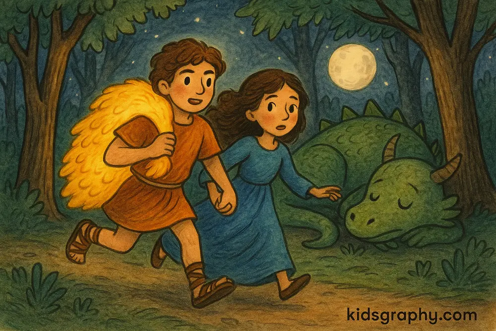 Jason and Medea fleeing with the Golden Fleece in Greek mythology.