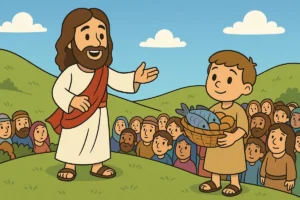 Jesus blesses a boy’s lunch in front of a big crowd