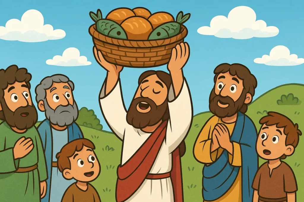 Jesus prays and gives thanks for the food