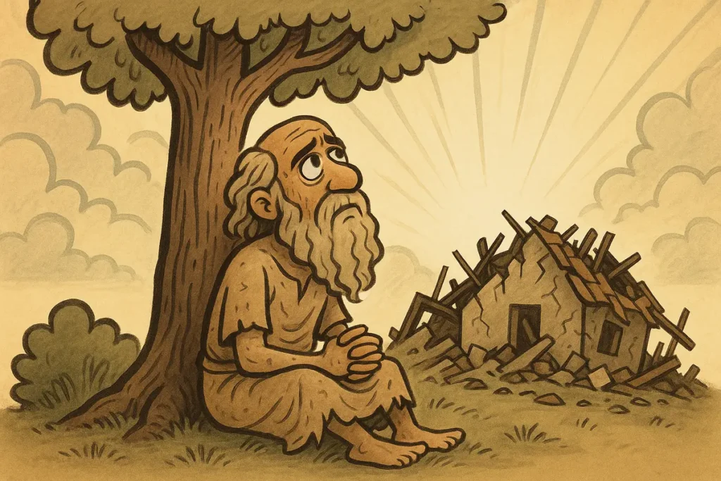 Job looks up to God with a calm face