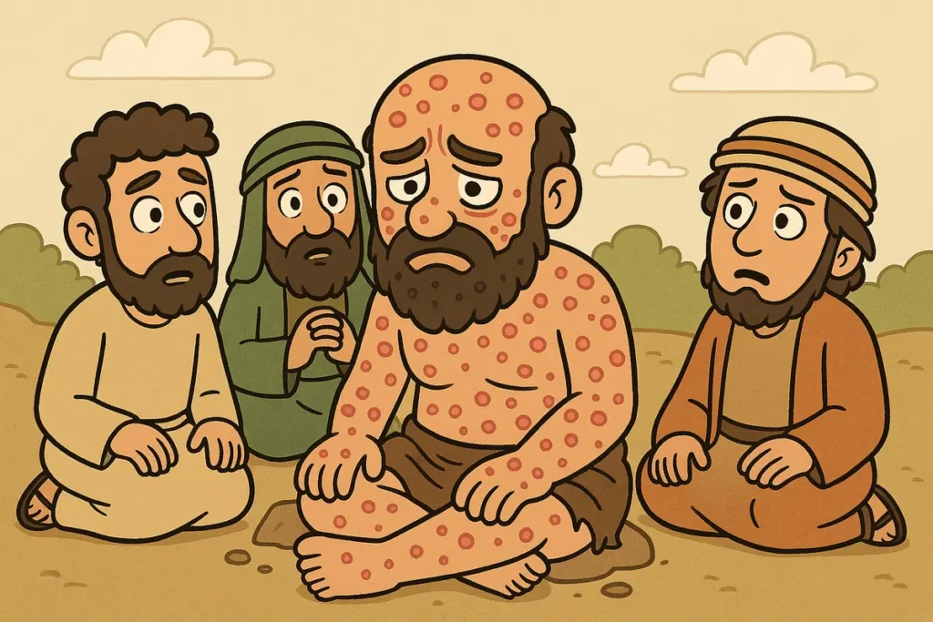 Job sits sick and hurt, still trusting God