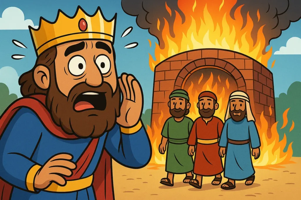 The king watches the men come out safe from the fire