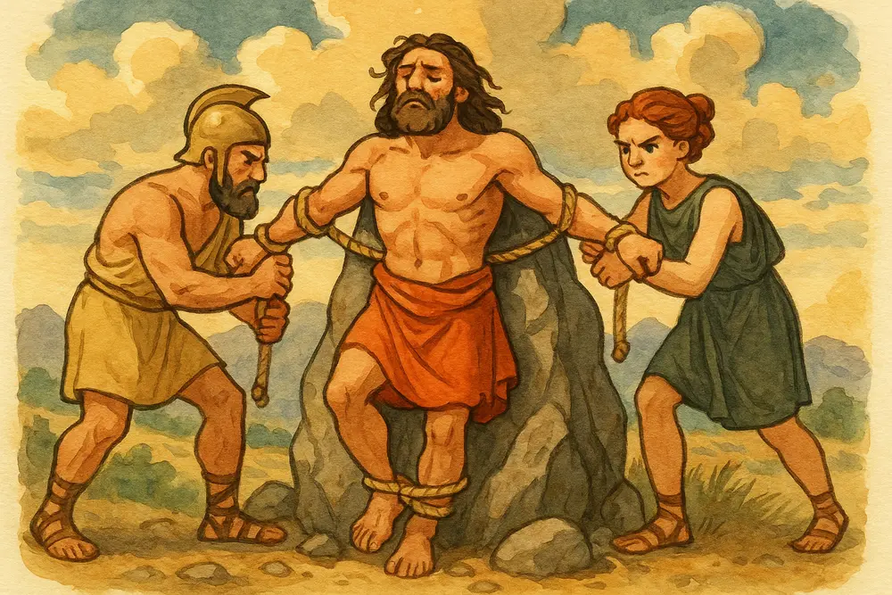 Kratos and Bia chaining Prometheus in Greek myth.