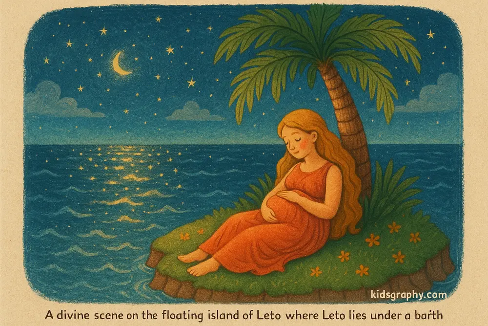 Leto giving birth to Apollo and Artemis in Greek mythology.