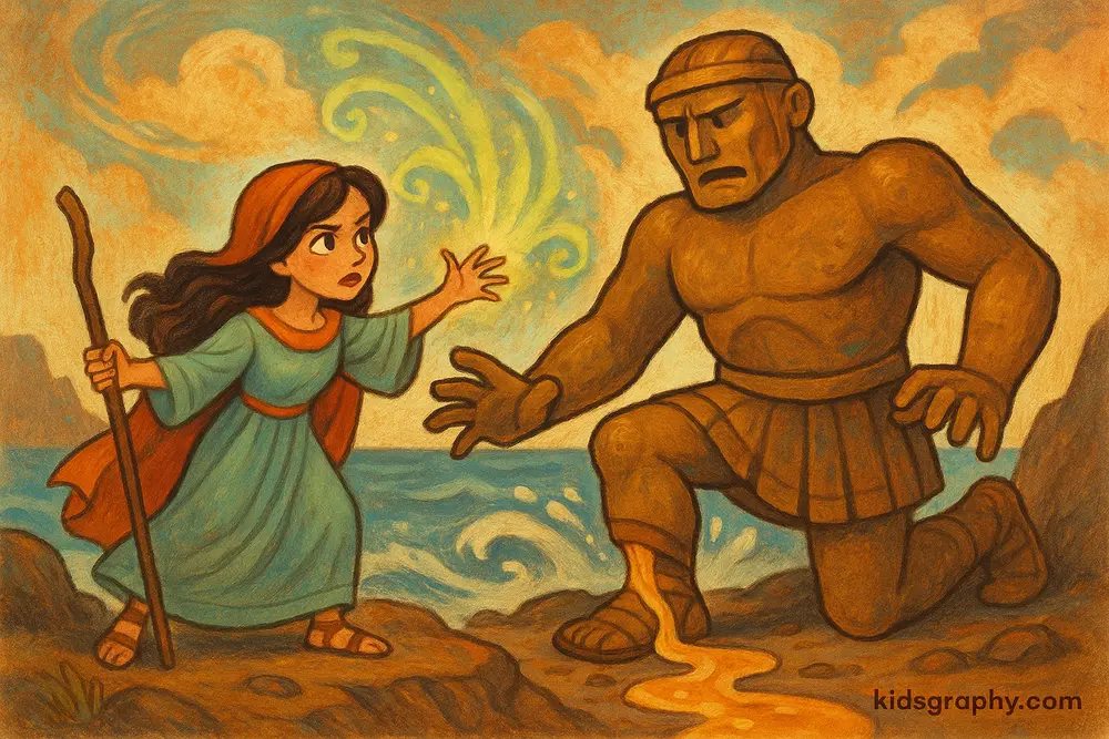 Medea uses magic to defeat the bronze giant Talos.