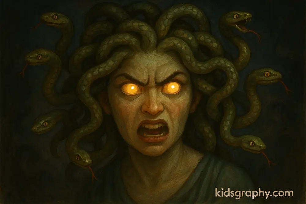 Medusa with snake hair in Greek mythology.