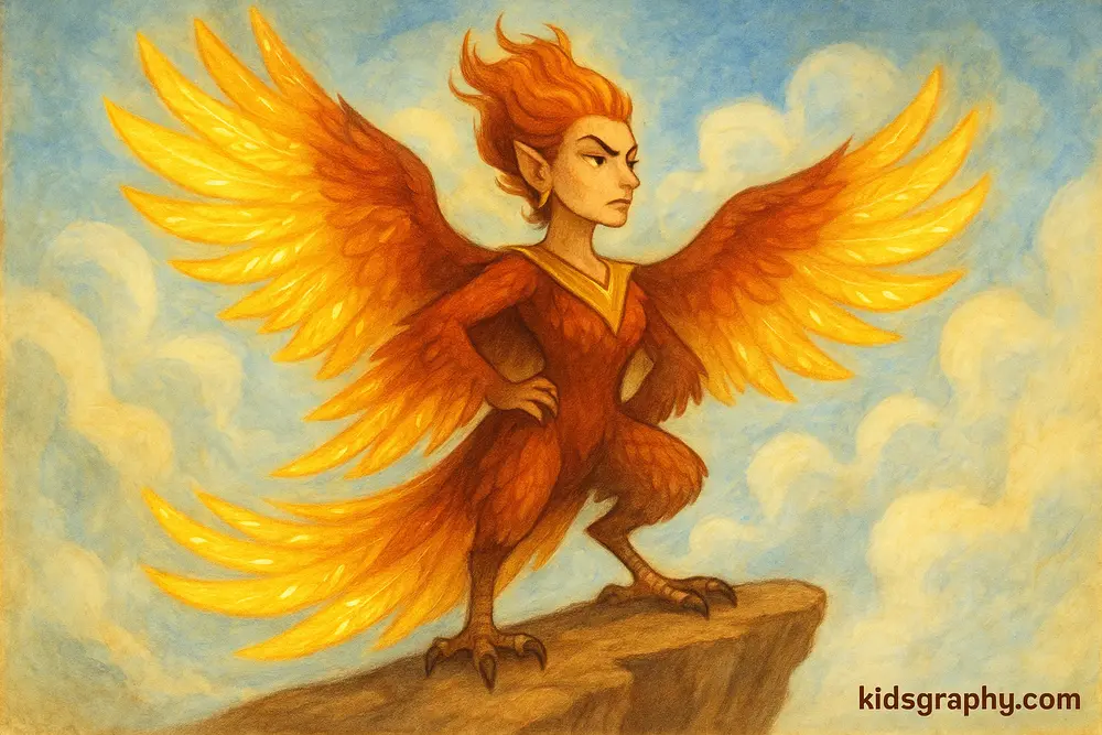 Modern fanart of harpy queen in a powerful pose on a cliff.