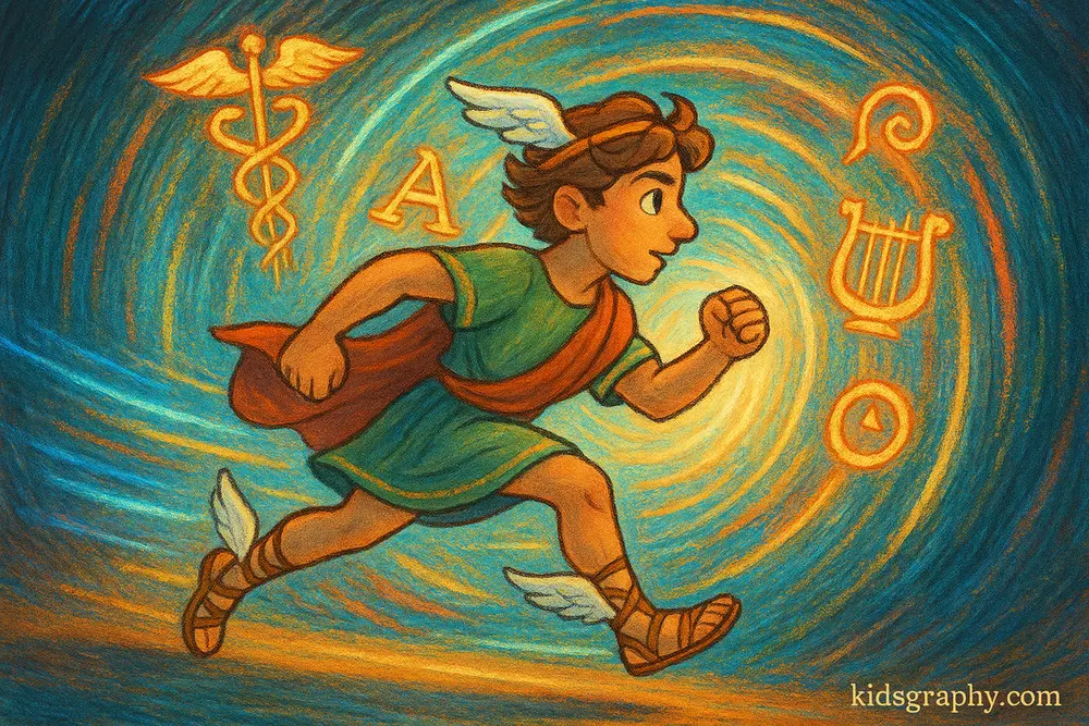 Fanart depiction of Hermes with futuristic elements and ancient symbols.