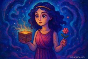 Artistic modern reimagining of Pandora with a glowing box.