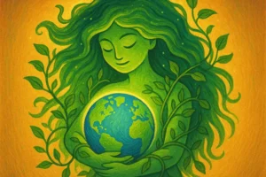 Symbolic image of Gaia holding the Earth in modern culture.